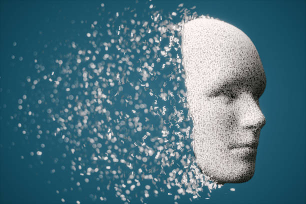 3D Human Face With Disintegrating Hexadecimal Letters Abstract 3d human face with disintegrating hexadecimal particles. robot head stock pictures, royalty-free photos & images