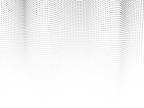 Vector illustration of Gray spots on a white background. Halftone textured pattern. Dotted undulating lines. Monochrome op art design. Vector airy waves. Abstract digital graphic. Tech concept. EPS10 illustration