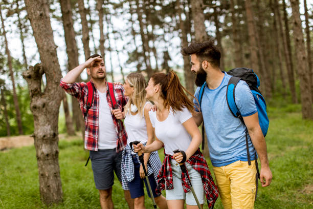istock Group of four friends hiking together through a forest 1134438399