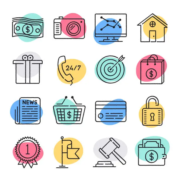 Vector illustration of Online Marketplace Ecosystem Doodle Style Vector Icon Set