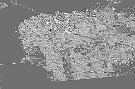 Satellite view of San Francisco, map, 3d buildings. Streets and skyscrapers. Homes and urban area. 3d rendering\nCinema 4d it was the software, smart osm