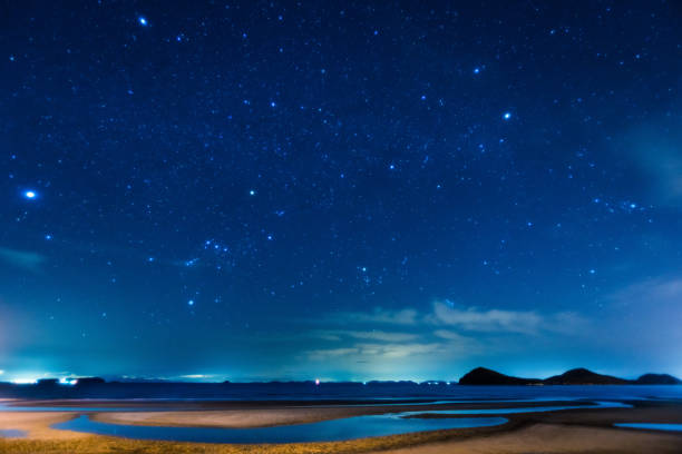 japan kagawa ocean view japan kagawa mitoyo chichibugahama night view star sky night island stock pictures, royalty-free photos & images