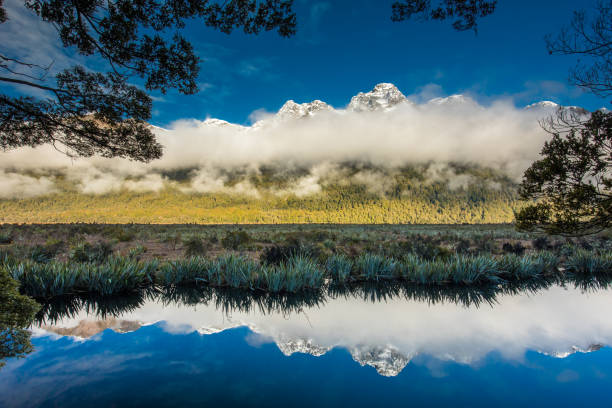 mirror lakes with reflection of earl mountains, fjordland national park, millford, new zealand - te anau imagens e fotografias de stock