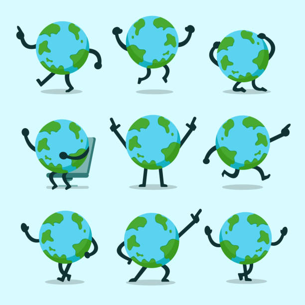 ilustraciones, imágenes clip art, dibujos animados e iconos de stock de vector de dibujos animados personaje tierra poses conjunto - posing earth planet map