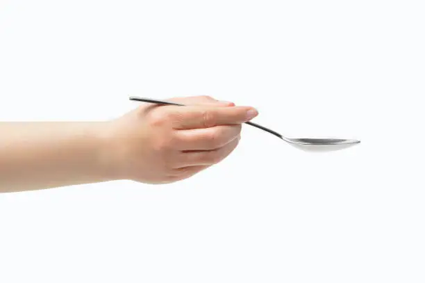 Cropped shot of an profile of a woman hand using a spoon isolated on a white background
