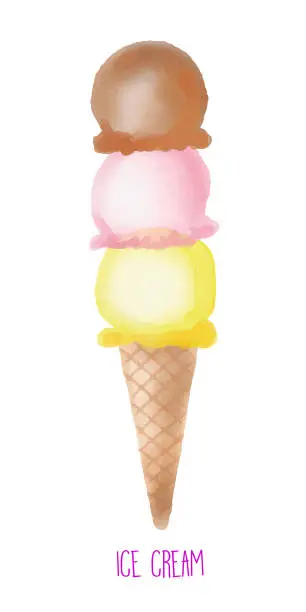 Vector illustration of Watercolor Ice Cream. Strawberry, Lemon and Chocolate Ice Cream Scoop with Cone. Ice Cream Scoop Clip Art.