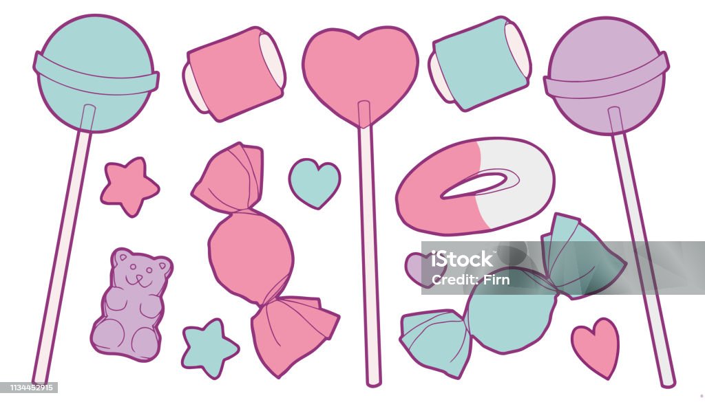 Cute pastel colored cartoon vector collection set with different sweets like candy, fruit gum, lollipops, hearts and stars Vector illustration set for children Gummy Candy stock vector