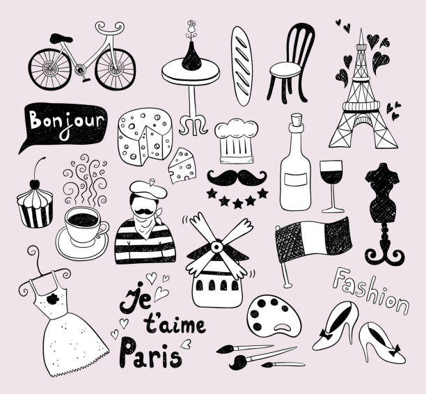 Hand drawn doodles set of France. Vector collection Hand drawn doodles set of France - Eiffel tower and other culture elements. Vector collection. charades stock illustrations