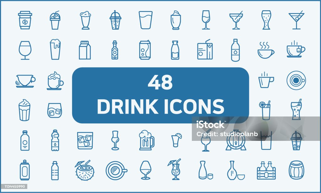 Ensemble de 48 boisson et boisson icônes vectorielles connexes. - clipart vectoriel de Icône libre de droits