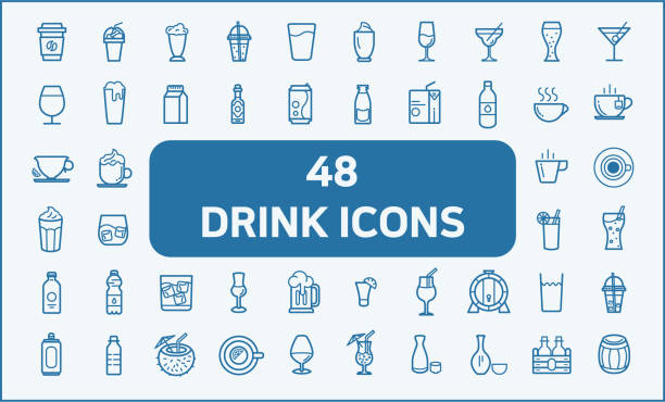 Set of 48 drink and beverage Related Vector Icons. Contains such Icons as coffee, ice coffee, wine, beer, juice, milk, oak barrel, caffe mocha, tea, water, soda and more. 
customize color, stroke width control , easy resize. alcohol drink stock illustrations