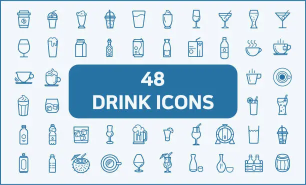 Vector illustration of Set of 48 drink and beverage Related Vector Icons.