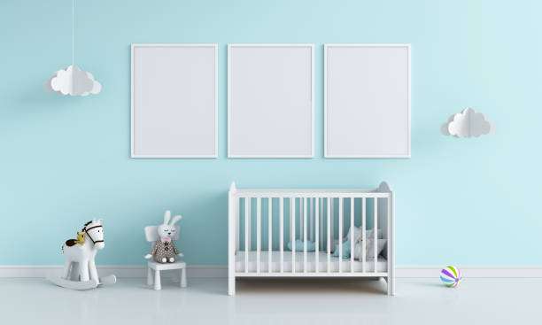 istock Three blank photo frame in child room for mockup, 3D rendering 1134457799