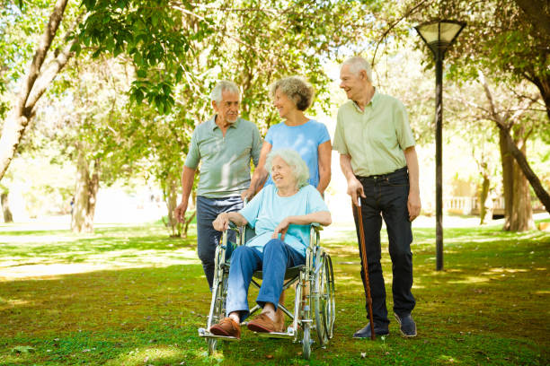 istock Smiling retired senior men and women at back yard 1134458380