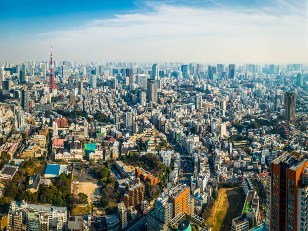Tokyo Tower crowded skyscraper cityscape downtown rooftop aerial panorama Japan