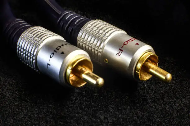 Detail of a pair of gold-plated rca audio connectors