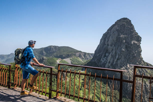 Man looking at Roque de Agando on La Gomera Island