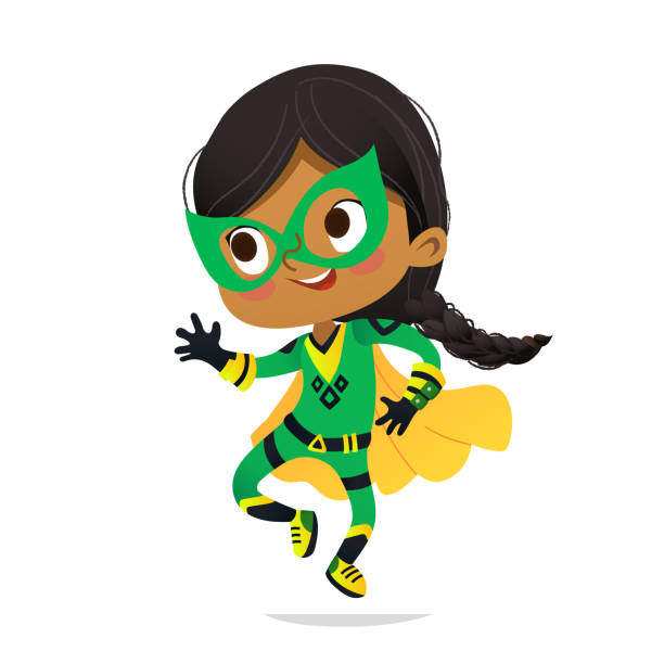 춤추는 아프리카계 미국인 소녀 super헤로인의 화려한 의상을 입고, 흰색 배경에 고립. 아이 슈퍼 히어로의 만화 벡터 캐릭터, 파티, 초대장, 웹, 마스코트 - superhero identity heroes mask stock illustrations