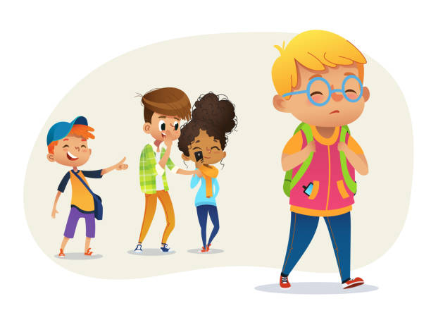 Sad overweight boy wearing glasses going through school. School boys and gill laughing and pointing at the obese boy. Body shaming, fat shaming. Bulling at school. Vector illustration Sad overweight boy wearing glasses going through school. School boys and gill laughing and pointing at the obese boy. Body shaming, fat shaming. Bulling at school. Vector illustration. sad girl crouching stock illustrations