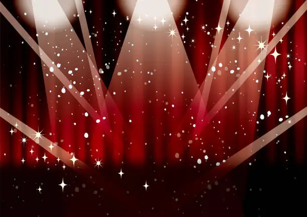 Vector illustration of Illustration that a spotlight hits a sparkling red curtain