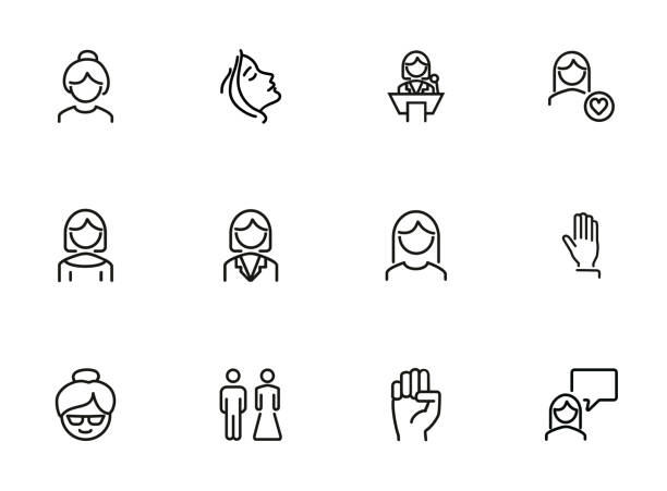 Women rights line icon set Women rights line icon set. Girl, woman, pair. Sociality concept. Vector illustration can be used for topics like human rights, social, girl power womens issues stock illustrations