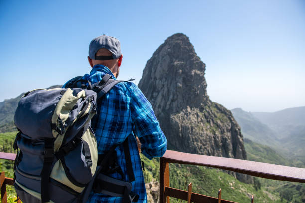 istock Man looking at Roque de Agando on La Gomera Island 1134471113