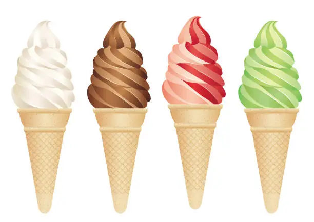 Vector illustration of Set of four soft serve ice creams isolated on a white background.