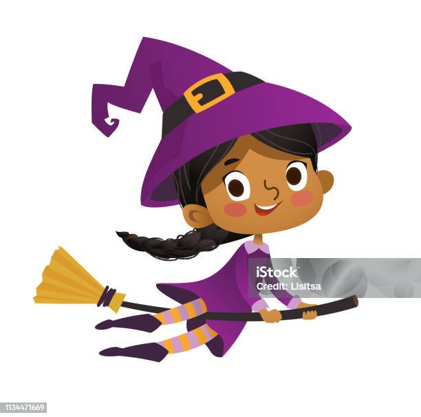 Halloween Africanamerican Flying Little Witch Girl Kid In Halloween Costume Flying Over The Moon Retro Vintage Isolated Stock Illustration - Download Image Now