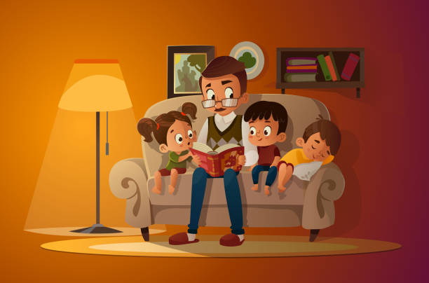Grandfather Sitting With Grandchildren On A Cozy Sofa With The Book Reading  And Telling Book Fairy Tale Story Boys And Girl Listen To Him Vector Cartoon  Illustration Cozy Family Evening Stock Illustration -