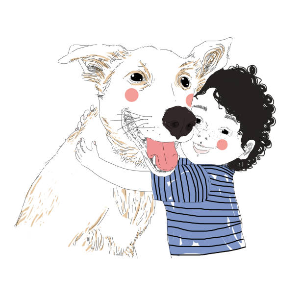 illustration eines niedlichen kleinen jungen, der seinen freund großen hund umarmt. echtes freundschaftskonzert. das tragen von haustieren konzept. kann für t-shirt-print verwendet werden, kinder tragen modedesign, baby-dusche einladungskarte - dog baby t shirt child stock-grafiken, -clipart, -cartoons und -symbole