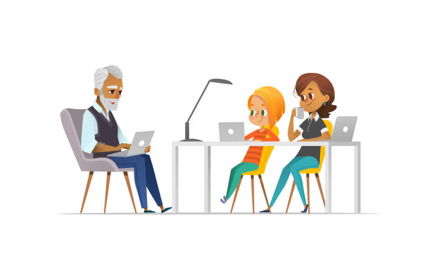 Family of programmers. Happy girl and parents coding together. Freelance family concept. Coding with kids concept. Vector illustration for website, advertisement, poster Family of programmers. Happy girl and parents coding together. Freelance family concept. Coding with kids concept. Vector illustration for website, advertisement, poster. girls coding stock illustrations