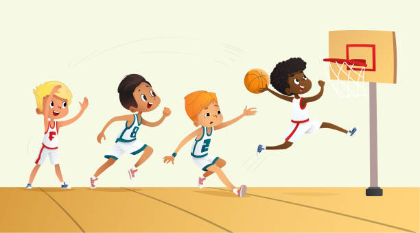Vector Illustration Of Kids Playing Basketball. Team Playing Game. Team competition. Vector Illustration Of Kids Playing Basketball. Team Playing Game. Team competition basketball practice stock illustrations