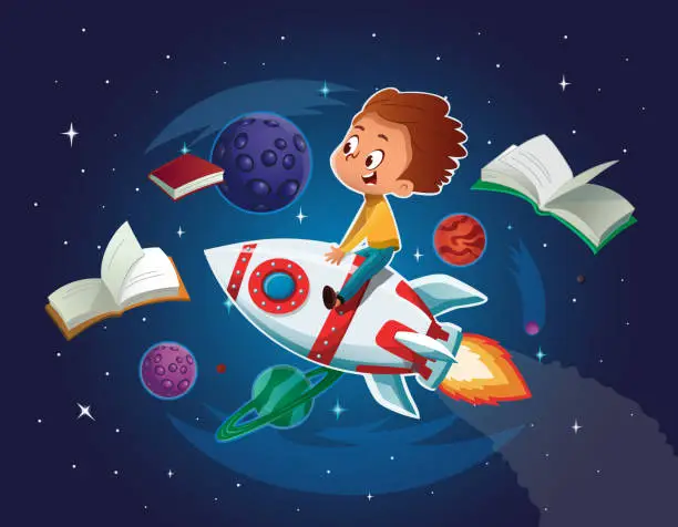Vector illustration of Happy Boy playing and imagine himself in space driving an toy space rocket. Books, planets, rocket and stars in a background. Vector cartoon illustration.