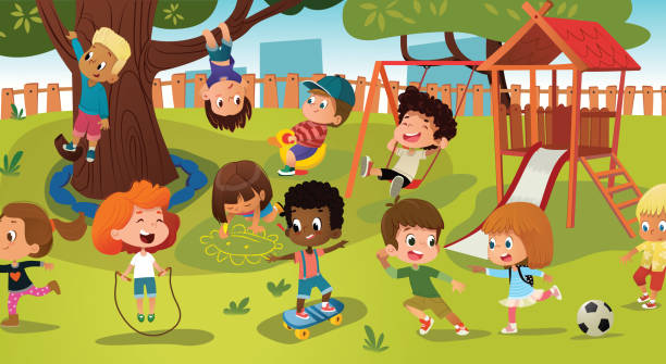 ilustrações, clipart, desenhos animados e ícones de grupo de miúdos que jogam o jogo em um parque público ou em um campo de jogos da escola com com balanços, corrediças, patim, esfera, pastéis, corda, jogando o jogo do catch-up. infância feliz. ilustração moderna do vetor. clipart. - childrens park