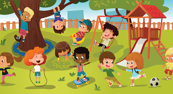 Group of kids playing game on a public park or school playground with with swings, slides, skate, ball, crayons, rope, playing catch-up game. Happy childhood. Modern vector illustration. Clipart