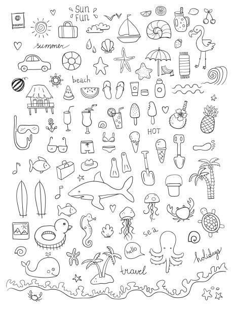 vector hand drawn travel sketch doodle set vector hand drawn travel sketch doodle set. Colorful sticker vector illustration sketch restaurant stock illustrations