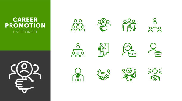 Career promotion line icon set Career promotion line icon set. Candidate, selection, interview. Human resource concept. Can be used for topics like employment, corporate hierarchy, recruitment interview event patterns stock illustrations