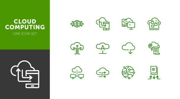 Cloud computing line icon set Cloud computing line icon set. Set of line icons on white background. Programming concept. System, service, device. Vector illustration can be used for topics like technology, internet, computer railroad station platform stock illustrations