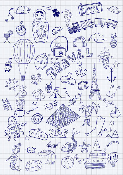 vector hand drawn travel sketch doodle set vector hand drawn travel sketch doodle set. Colorful sticker vector illustration sketch restaurant stock illustrations