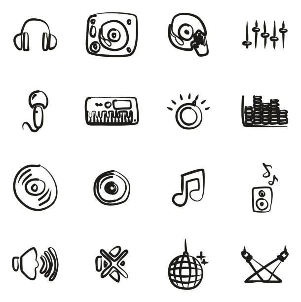 illustrazioni stock, clip art, cartoni animati e icone di tendenza di icone delle apparecchiature dj o dj a mano libera - dj disco ball