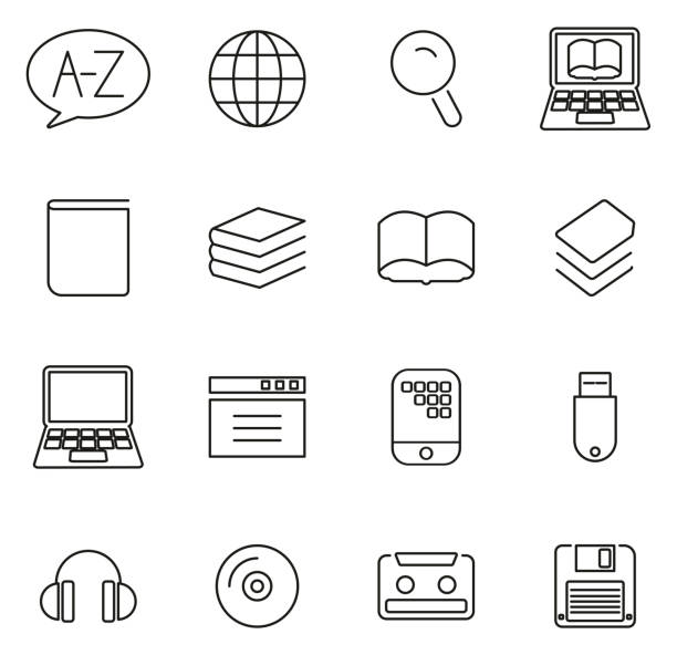 ilustrações de stock, clip art, desenhos animados e ícones de dictionary or glossary icons thin line vector illustration set - computer software cd computer laptop