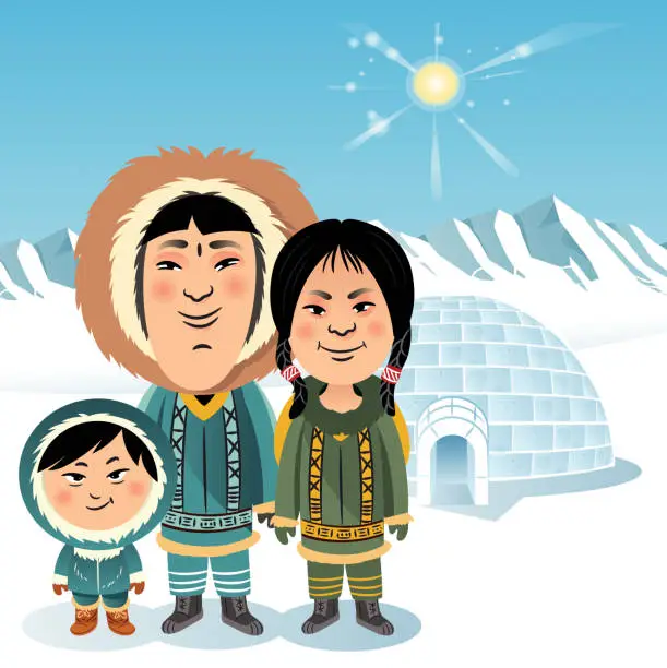 Vector illustration of Igloo ve Inuit family