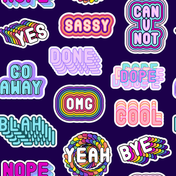 Seamless pattern with sassy comic style words "Cool", "Can you not", "Go away", etc isolated on black background. Seamless pattern with sassy comic style words "Cool", "Can you not", "Go away", etc isolated on black background. Patches, badges, pins, stickers. word cool stock illustrations