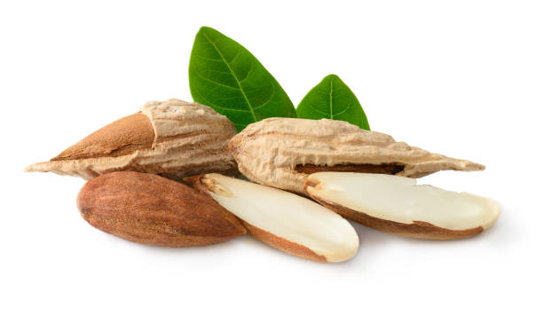 istock Almond nuts with green leaves isolated on white 1134490850