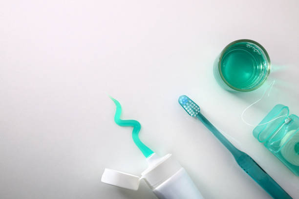 istock Equipment for oral cleaning on a white table top view 1134493093