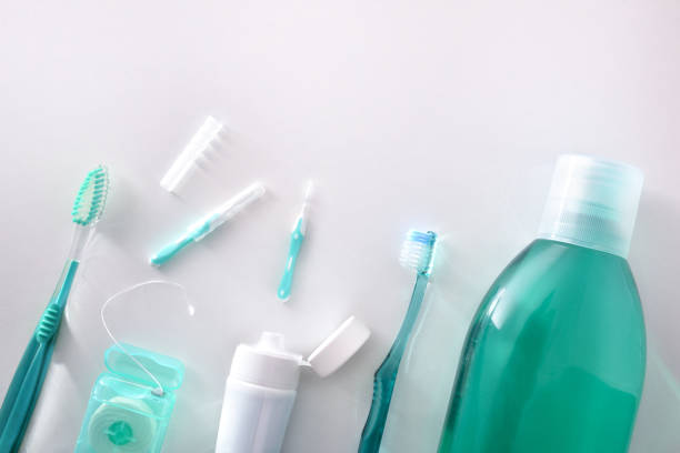 istock Equipment for oral hygiene on white table top general view 1134493096