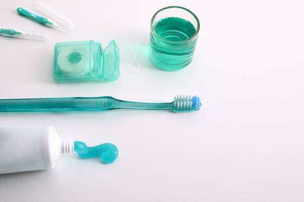 istock Equipment for oral hygiene on a white table elevated view 1134493098