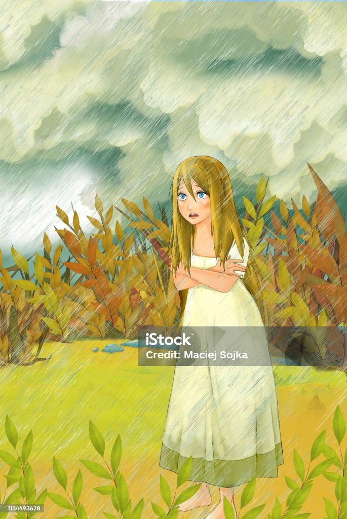 Cartoon Fairy Tale Scene With A Young Little Girl Under The Leaf On The  Meadow Stock Illustration - Download Image Now - iStock