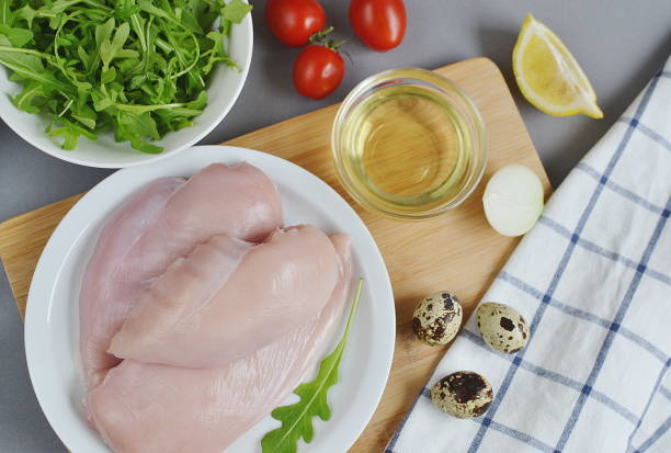 istock Chicken Salad Ingredient Arugula Oil Quail Eggs Tomato Lemon Vegetables 1134496190