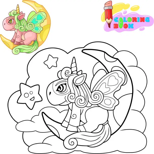 Vector illustration of cartoon pony unicorn sitting on the moon, funny illustration