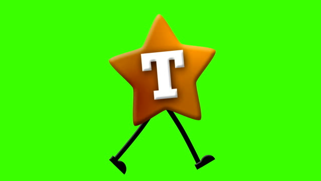 Letter T in Latin alphabet and walking character on greenscreen
